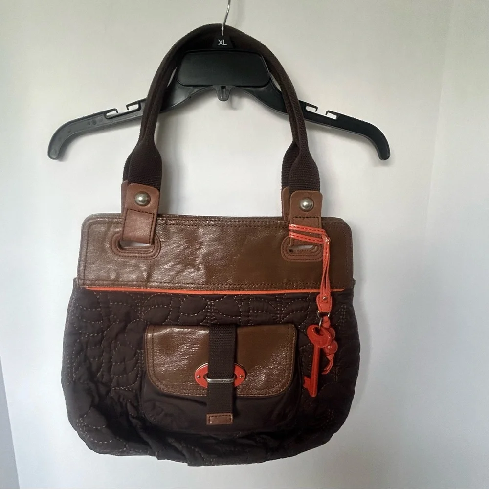 Fossil Key-Per Quilted/Leather‎ Shoulder Bag Brown Orange Key Tag Attached